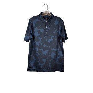 DEOLAX Performance Golf Polo, Floral/Camo Sketch Print, Navy/Blue, Size Small